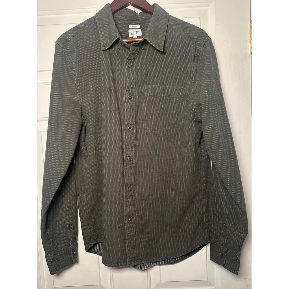 Bridge & Burn‎ Slim Fit Men's Button Down Shirt Olive Green Dot Pattern Large